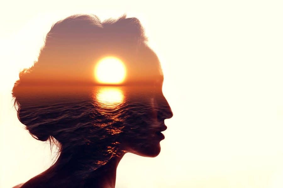 Silhouette of woman's head with sunset inside on off-white background.