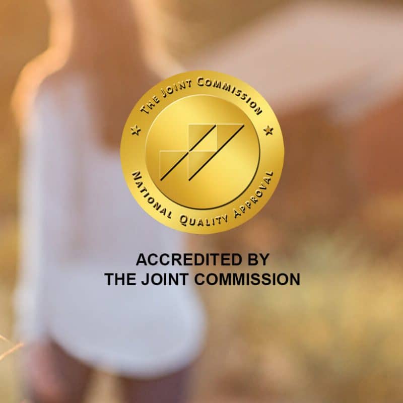 The Joint Commission Gold Seal award badge with a woman out of focus in the background.
