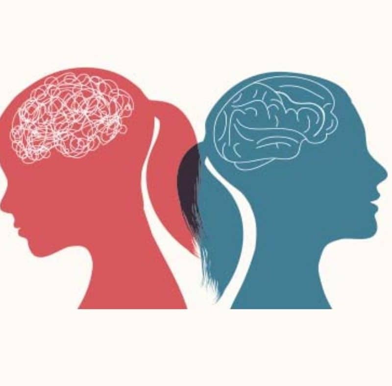 Red and blue silhouettes of a woman's head, one with a depiction of a brain inside and the other with a depiction of a tangled mass.