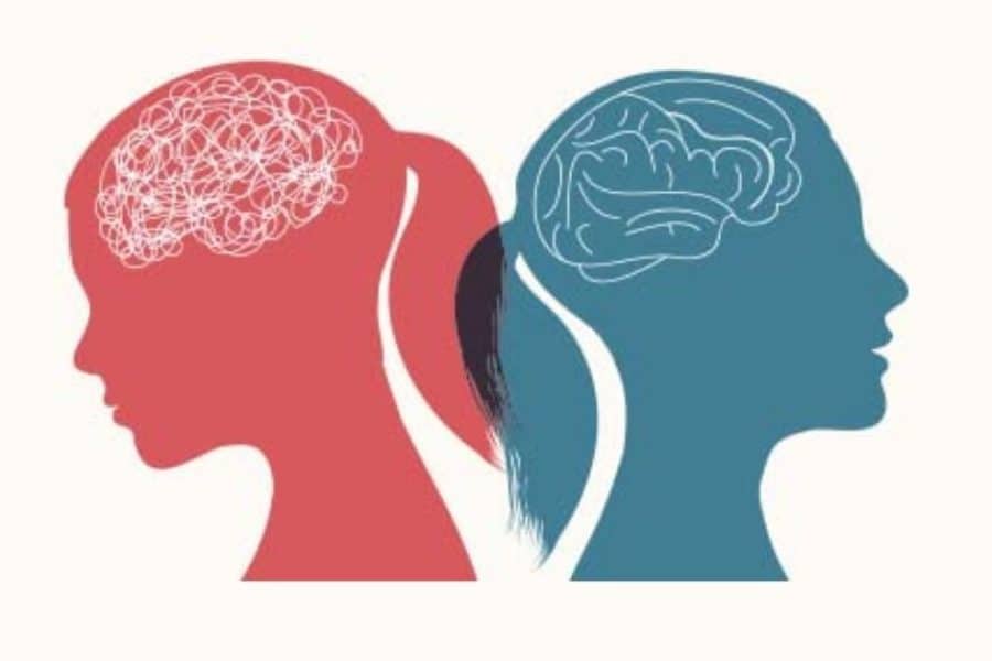 Red and blue silhouettes of a woman's head, one with a depiction of a brain inside and the other with a depiction of a tangled mass.