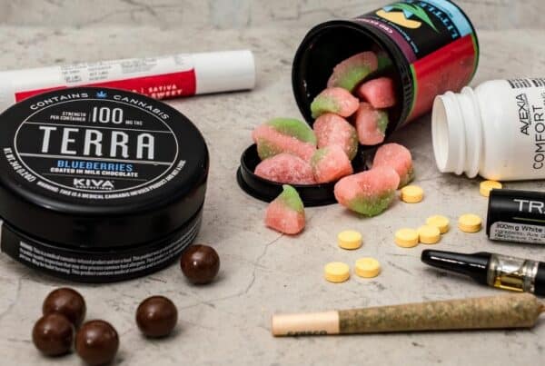 An assortment of Delta 8 THC products, including edibles, vapes, and smokables.