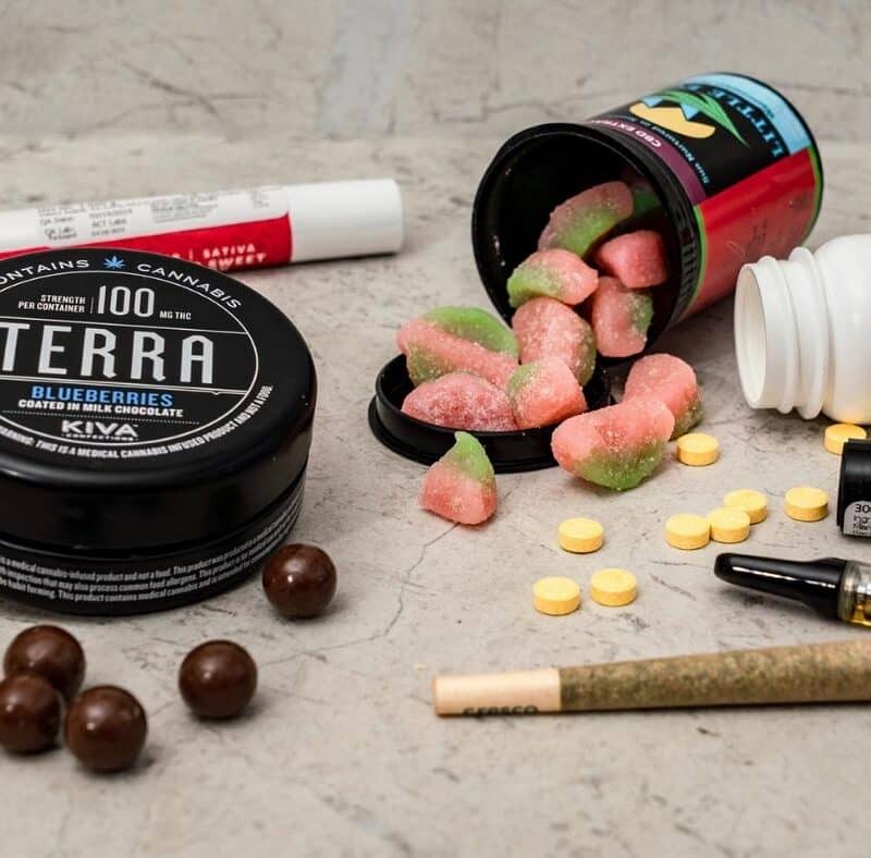 An assortment of Delta 8 THC products, including edibles, vapes, and smokables.