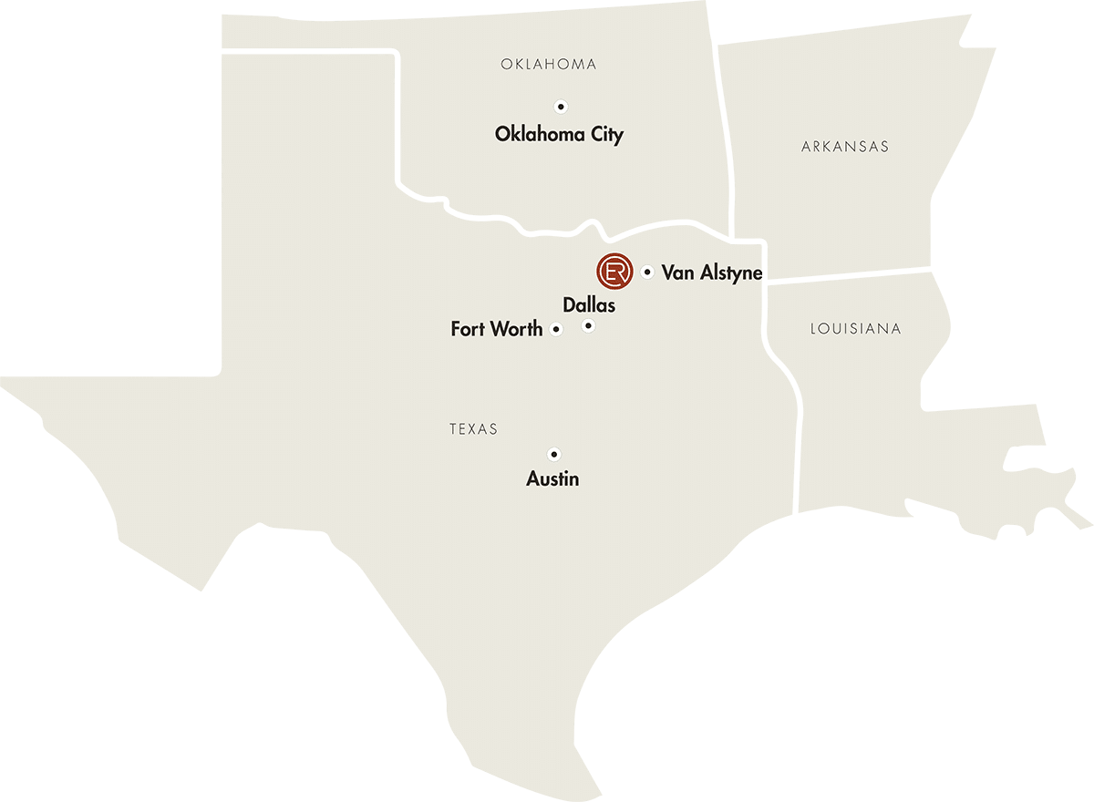 Map of Enterhealth Ranch in relation to Austin, Oklahoma, Arkansas and Louisiana.