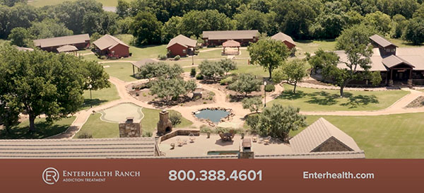 Overhead view of Enterhealth Ranch that shows cabins, gazebos and walking paths.