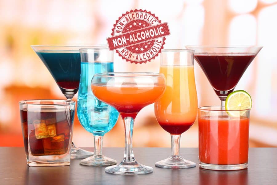 A collection of non-alcoholic drinks that look like cocktails, with a label that says non-alcoholic above them.