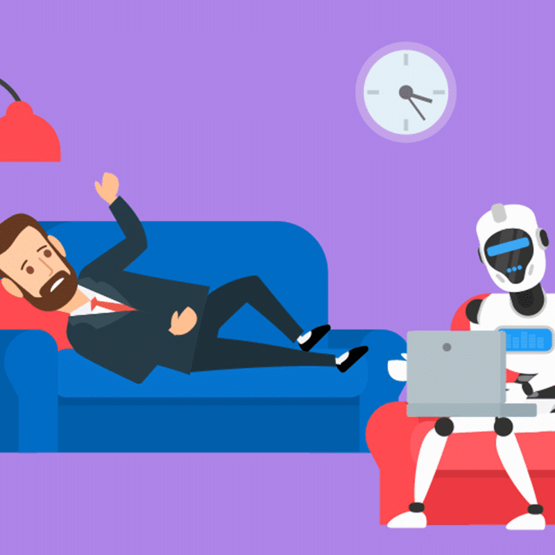 A man in AI therapy laying on a couch talking to a robot therapist.