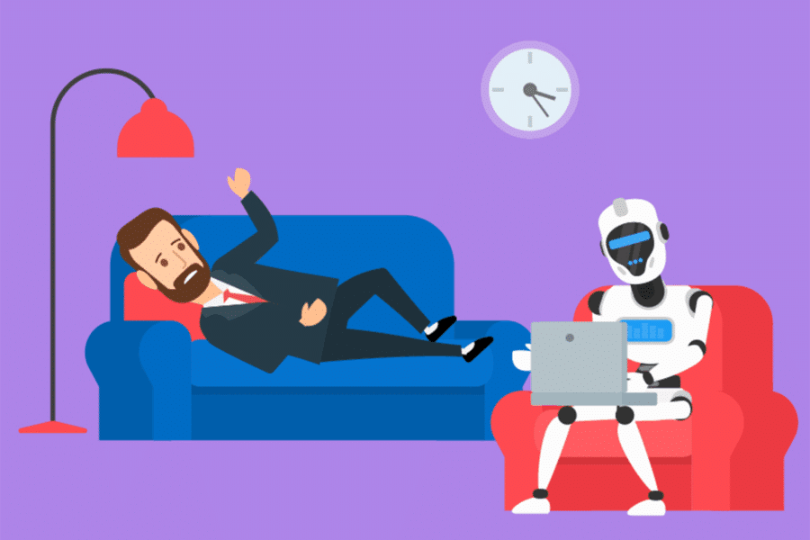 A man in AI therapy laying on a couch talking to a robot therapist.
